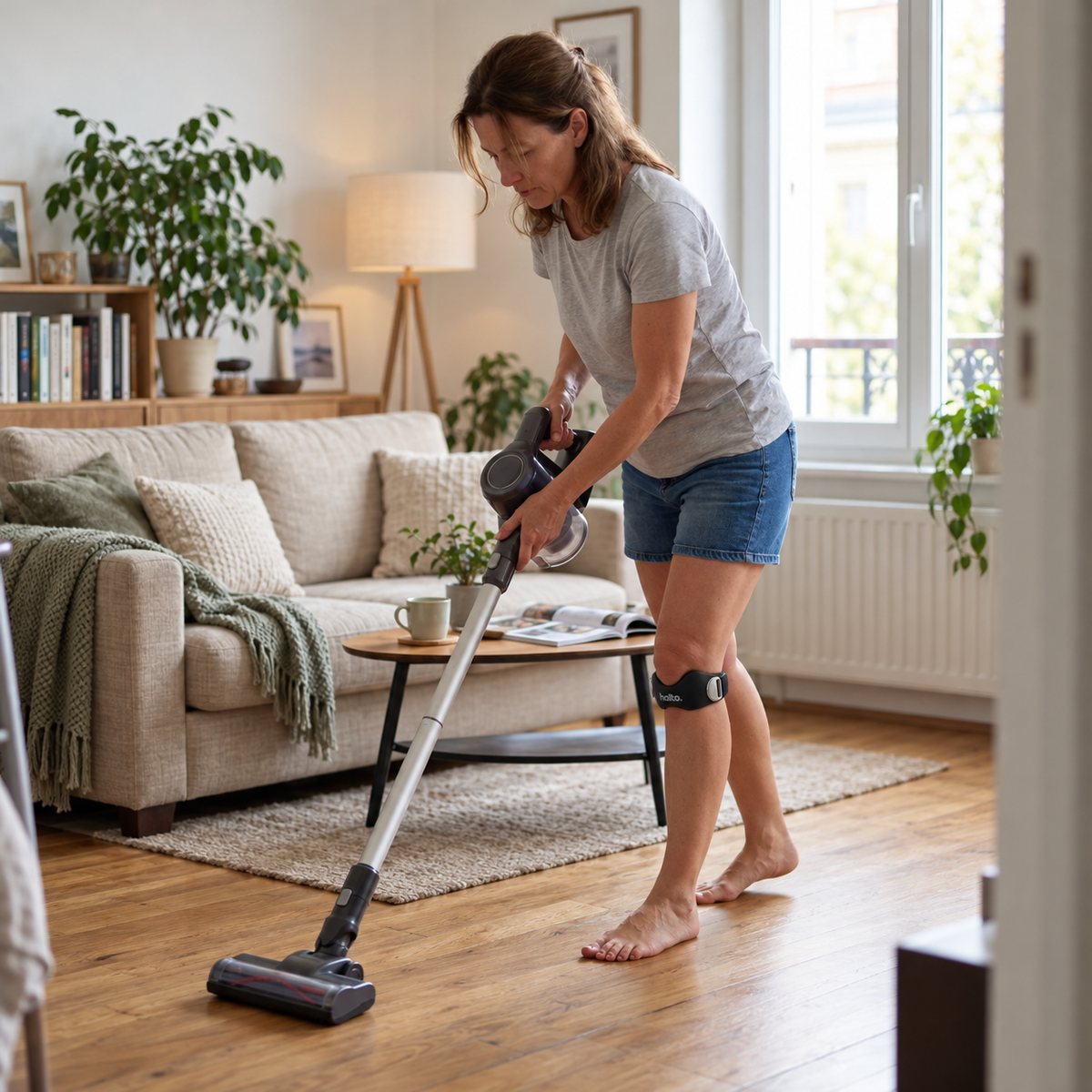 Frau beim Staubsaugen mit HALTO Patellaband